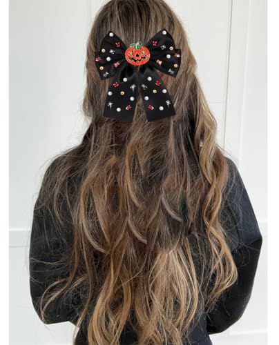 NVENF Halloween Large Black & Orange Hair Bows with Spooky Elements - Pattern O