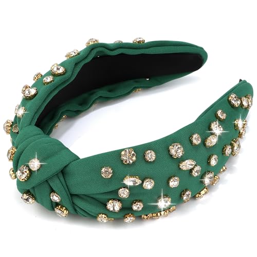 Atoden Green Rhinestone Headband - Women's Wide Top Knot with Clear Beaded Embellishments