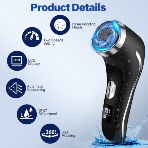 Wolady Rechargeable Electric Foot Callus Remover - Silver-Black, 2 Speed with Vacuum & 3 Roller Heads