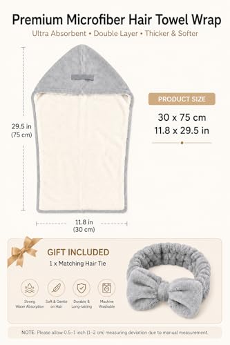 Phloeva Grey Microfiber Double-Layer Hair Towel - Thick & Quick Dry Turban for Women