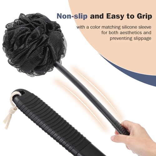 ROLIZOE 17-Inch Black Non-Slip Back Scrubber with Handle - Hand Shower Loofah & Loofah on a Stick Set
