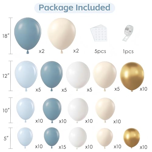 Dusty Blue and Gold Balloon Arch Kit for Parties - 105pcs