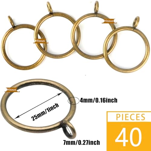 40 Pack Antique Brass Curtain Rings with Clips - 1 Inch Metal Drapery Hangers