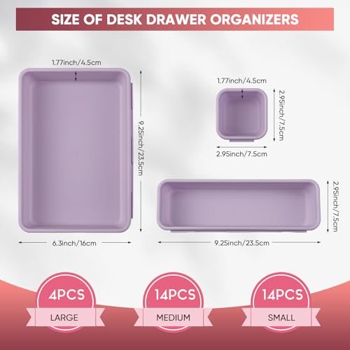 32-Piece Drawer Organizer Set for Office & Vanity, Multi-Size Storage Trays with Non-Slip Pads, Purple