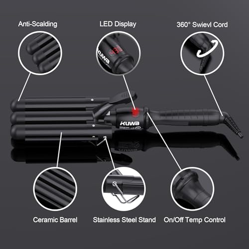 Kuwa Black 3-Barrel Curling Iron for Beach Waves & Curls, LCD Temp Display