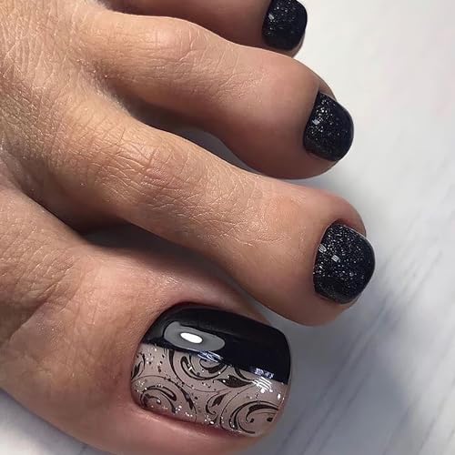 Tyuimhx Black Flowers Square Toenails - 24pc Reusable Glitter Nail Set (Variation: Black Flowers)
