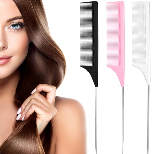 Leinuosen 3-Pack Heat-Resistant Teasing Combs with Stainless Steel Pintail
