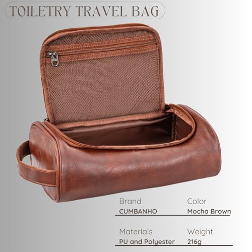 Cumbanho Men's Travel Toiletry Bag, Large PU Leather Dopp Kit - Mocha Brown