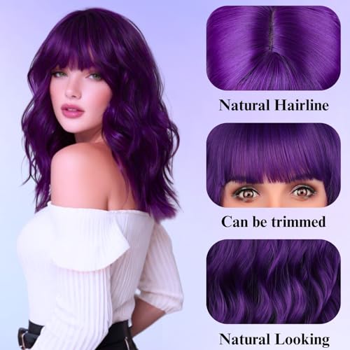 Cielo Hair 14 Inch Dark Purple Short Bob Wig with Bangs for Women & Girls