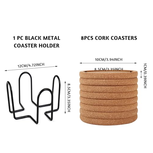 Cork Coasters Set of 8 with Holder - 4" Diameter, Heat Resistant