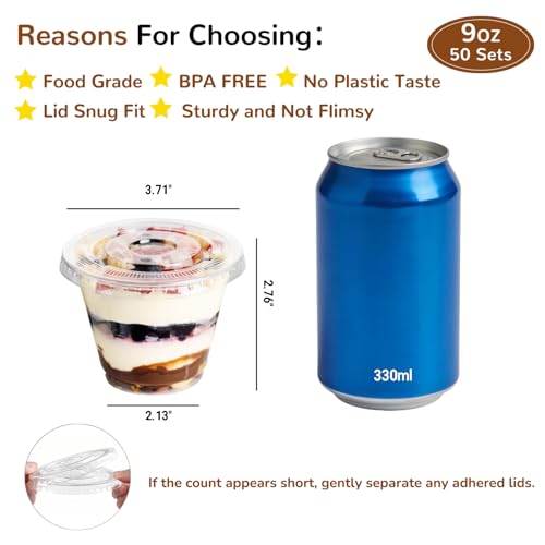 9oz Clear Plastic Cups with Flat Lids - Sturdy & Leak-Proof, 50 Sets