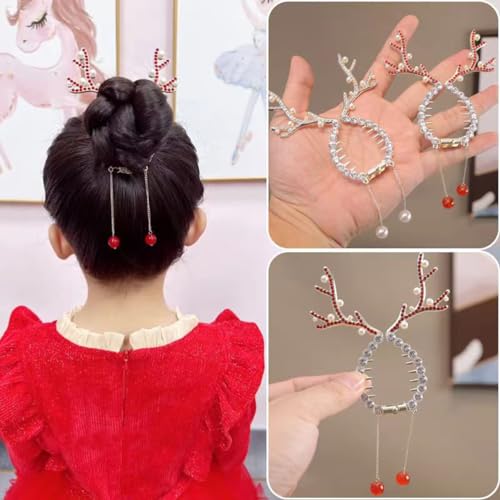 Reindeer Christmas Hair Clips 2Pcs, Ponytail & Bun Holders, Rhinestone Pearl Design