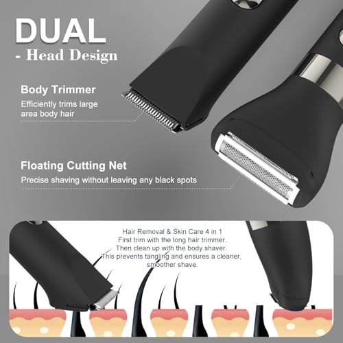 Hatteker 4 in 1 Multifunctional Dual - Head Body Hair Trimmer for Men, IPX7 Waterproof Groin & Body Hair Groomer, Rechargeable Body Electric Shaver Razor