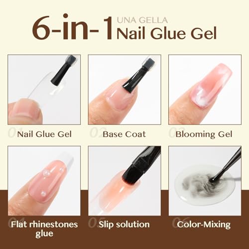 UNA GELLA 6 in 1 Gel Nail Glue for Clear Acrylic Nails Tips, 15ml U V Nail Glue Long Lasting Super Strong Brush for Base Coat, Clear Fake Nails, and Soft Gel Tips Lamp Curing Required
