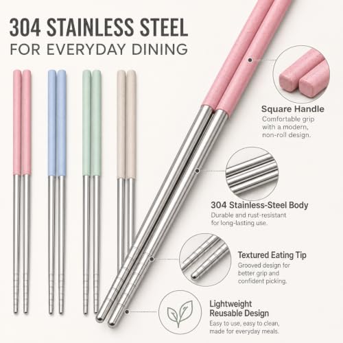 AQUP 304 Stainless Steel Chopsticks - 4 Pairs, Non-Slip, Multicolor