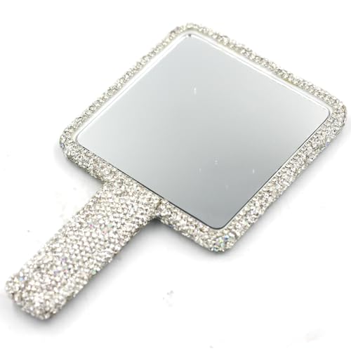 Square Silver Rhinestone Hand Mirror with Dazzling Bling for Makeup & Decor - Bestbling