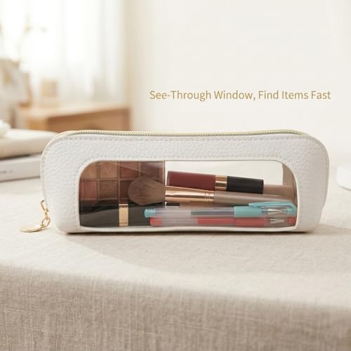 Portable Makeup Brush Bag with Zipper - White Pebbled Cosmetic Organizer
