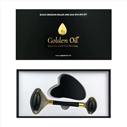 Golden Oil Black Obsidian Facial Roller & Gua Sha Set for Anti-Aging & Skin Tightening