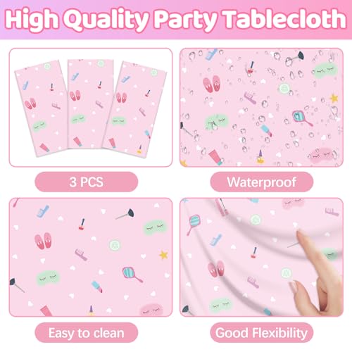 3 Pack Pink Spa Party Tablecloths - 54 x 108 Inch Disposable Covers