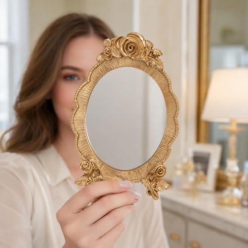 Portable Oval Resin Makeup Mirror with Rose Relief Frame