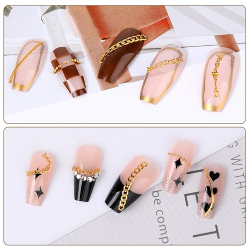 Gold Nail Art Chains - 8 Strips 3D Metal Charms for DIY Manicure