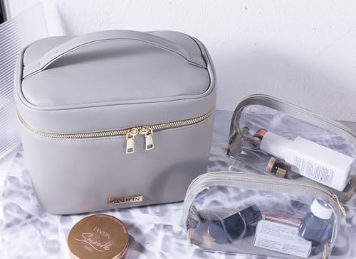 SANHECUN 3-Piece Grey Travel Cosmetic Makeup Bag Set with Organizer and Handles