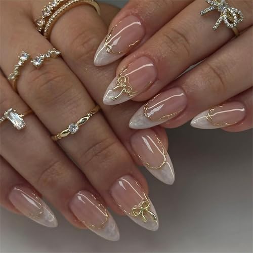 24pcs White French Tip Almond Press-On Nails with 3D Bow