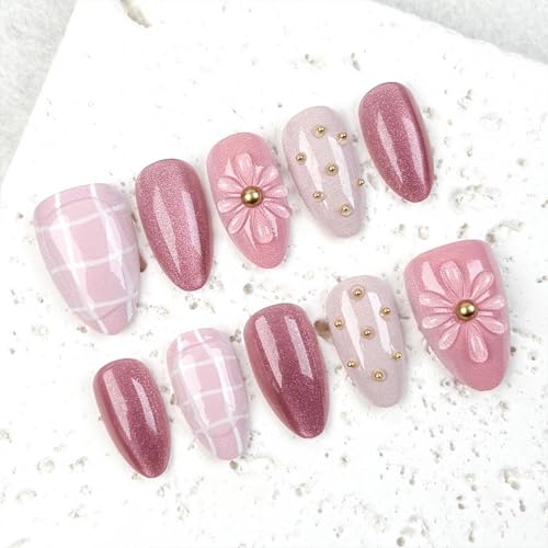 WFBBKP Flower Fake Nails - 30Pcs Short Almond 3D Flower Design with Gold Rhinestones, Pink Glitter, Full Cover, DIY Manicure (Variation 9)