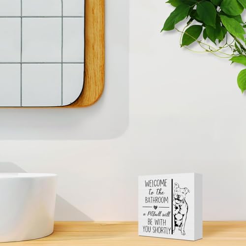 Funny Pit Bull Terrier Wooden Box Sign - 5x5 Inch Bathroom Decor