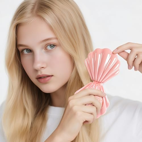 Iridescent Shell Folding Hair Brush with Mirror - Compact Travel Size