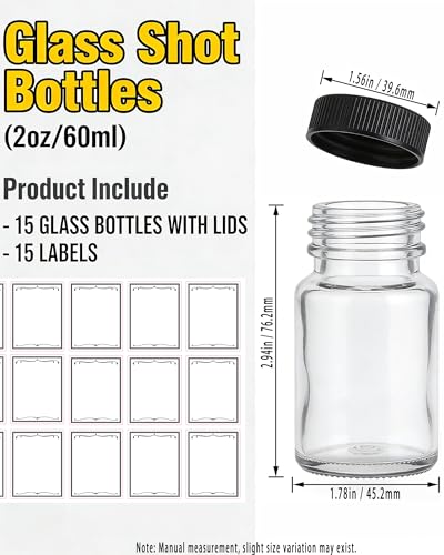 15-Pack 2 Oz Glass Juice Shot Bottles with Black Caps - BPA-Free & Leak-Proof