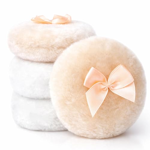 4 PCS Large Fluffy Makeup Sponges with Ribbon Handle - Beige & White