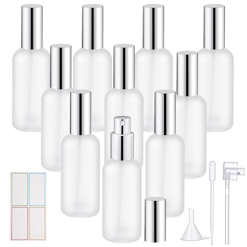 10 Pack Frosted Glass Spray Bottles 3.4oz with Silver Lids for Perfume & Oils