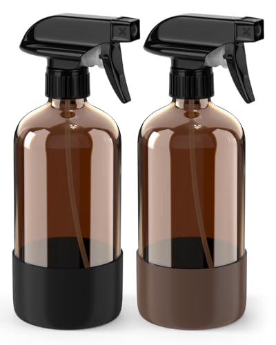Bontip Amber Glass Spray Bottle Set 16 oz with Silicone Sleeve, Black & Brown