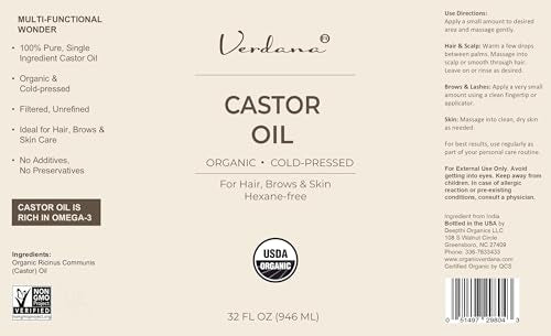 Verdana Organic Castor Oil 32 fl oz - Cold Pressed & Hexane Free for Hair, Skin, Eyelashes & Eyebrows
