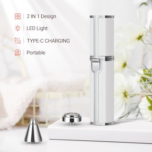 Facial Hair Removal for Women: 2-in-1 Rechargeable Nose Hair & Eyebrow Trimmer, Face Shaver with Built-in LED Light for Removing Chin, Upper and Lower Lip Area Peach Fuzz