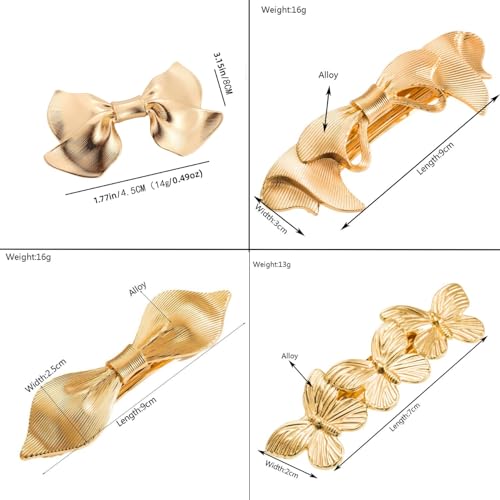 4PCS Gold Metal Hair Barrettes for Women, Elegant Bow & Claw Styles, for Thick & Fine Hair - Gold E