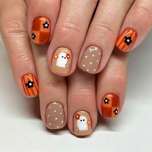 Dozsyt Halloween Press On Nails - Polka Dot Brown Ghost, 24Pcs, Halloween Nails - Variation THIS listing