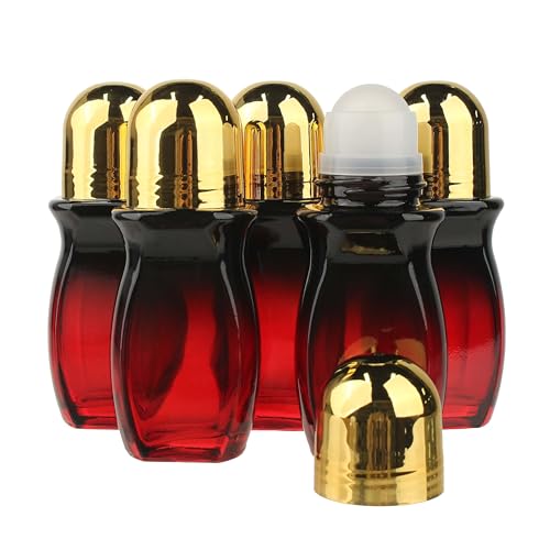 COSIDEA 5-Pack 50ml Dark Gradient Red Glass Roller Bottle for Body & Essential Oils with Cap & Label