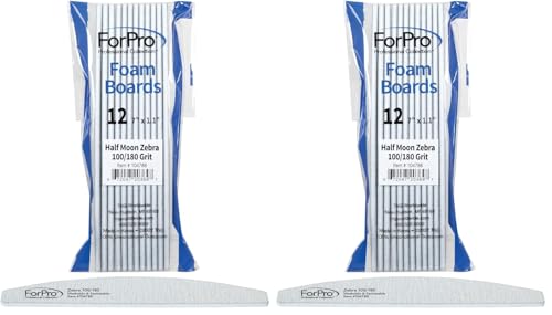 ForPro Half Moon Zebra Nail Files, 100/180 Grit, Washable Foam Boards (12-Pack)