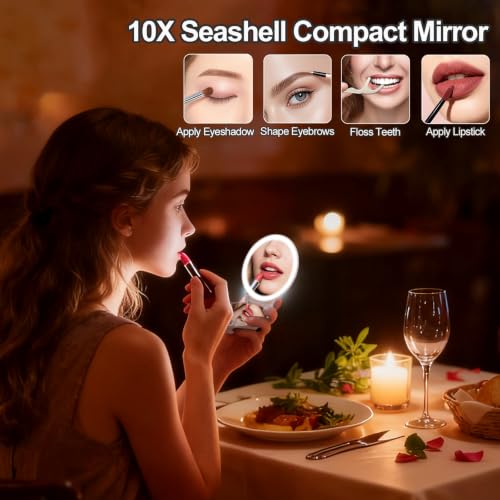 3.5" Compact Makeup Mirror with Lights - 2-Sided Folding, Shatterproof, Unique Shell Design, Gifts for Women