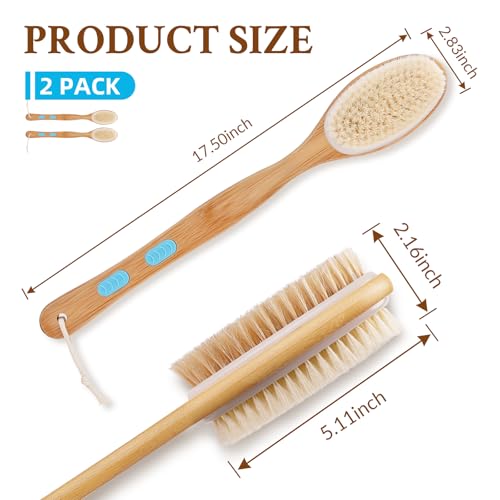 Anti-slip 2-Pk Double-Sided Body Brush with Long Handle – Back Scrubber, Soft & Firm Bristles, Wet/Dry