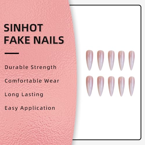 SINHOT Long Stiletto Press On Nails with Design - 24 pcs, White Gradient, Nude, Glossy Glue-On Fake Nails, Model 72FN0001