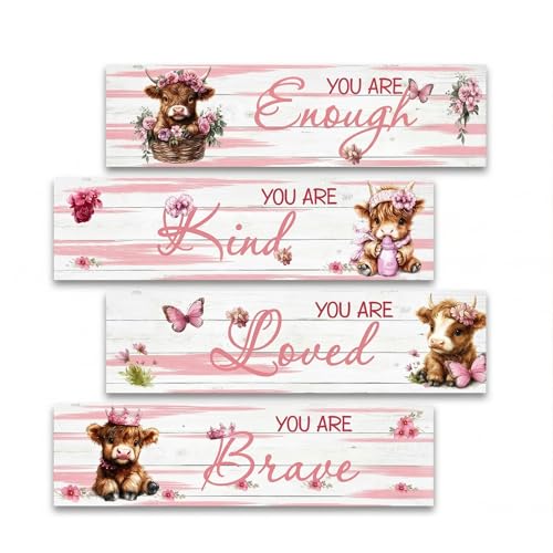 PAMBO Highland Cow Nursery Wall Art - Set of 4 Affirmation Signs