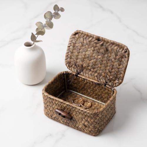 Handwoven Seagrass Basket with Lid for Makeup & Jewelry Storage