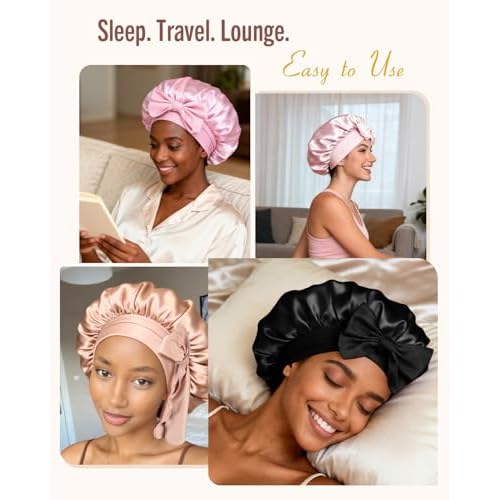 BONNET QUEEN Silk Bonnet for Sleeping Women, Satin Hair Bonnet with Adjustable Tie Band, Double Layer Sleep Cap That Stays On Overnight for Curly Hair, Braids, Wigs and Natural Hair, Large Black