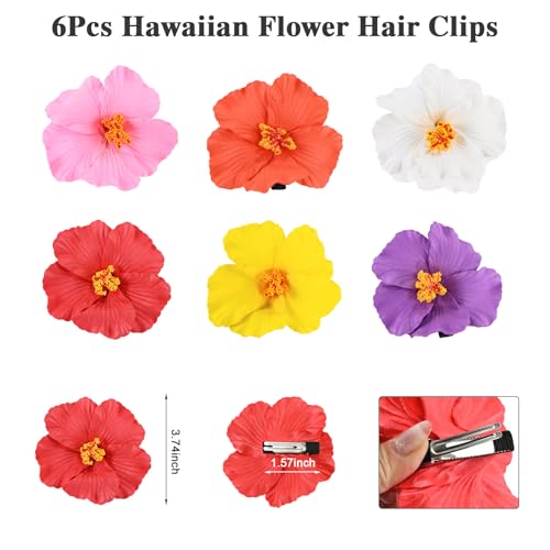 Hibiscus Hawaiian Flower Hair Clips for Women - Boho Beach Accessories, 6 Pack