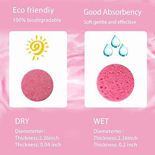 100-Count Pink Round Facial Sponges – 100% Natural Cellulose Makeup Remover & Cleansing Sponges (Spunspon) – 2.36in