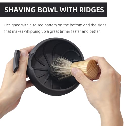 Grandslam Black Shaving Bowl with Ridges & Brush Stand - Classic Grooming Mug