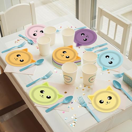 48PCS Cat Party Dinnerware Set - Colorful Disposable Plates
